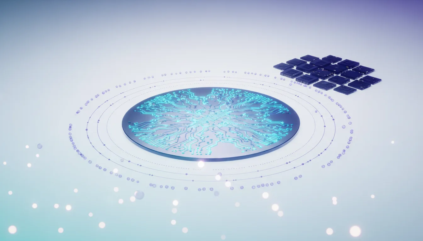 Wafer-scale AI chip with glowing circuits and smaller chips in the background, symbolizing new compute architectures.