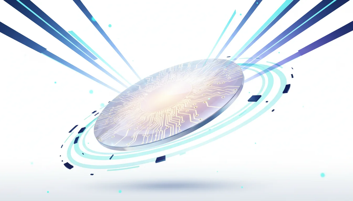 Abstract representation of a wafer-scale chip with glowing circuits and futuristic blue energy rings, symbolizing advanced AI hardware.