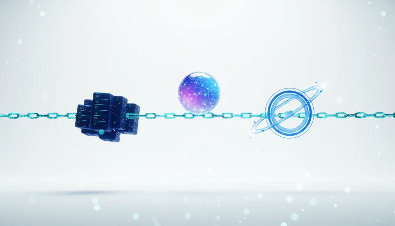 Servers, a glowing sphere, and a digital atom linked by a chain represent AI infrastructure, data, and future potential.