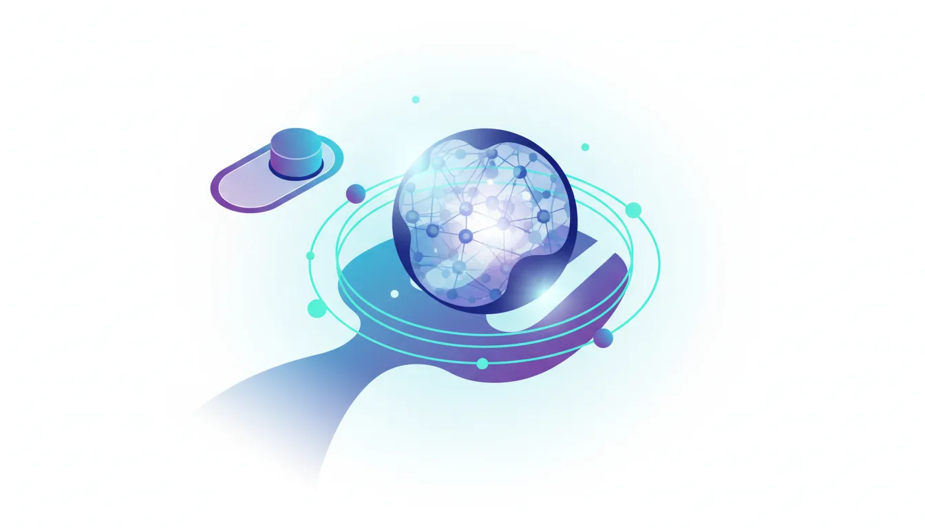 Abstract illustration of a hand holding a glowing globe representing AI, with a toggle switch nearby, symbolizing control and governance.