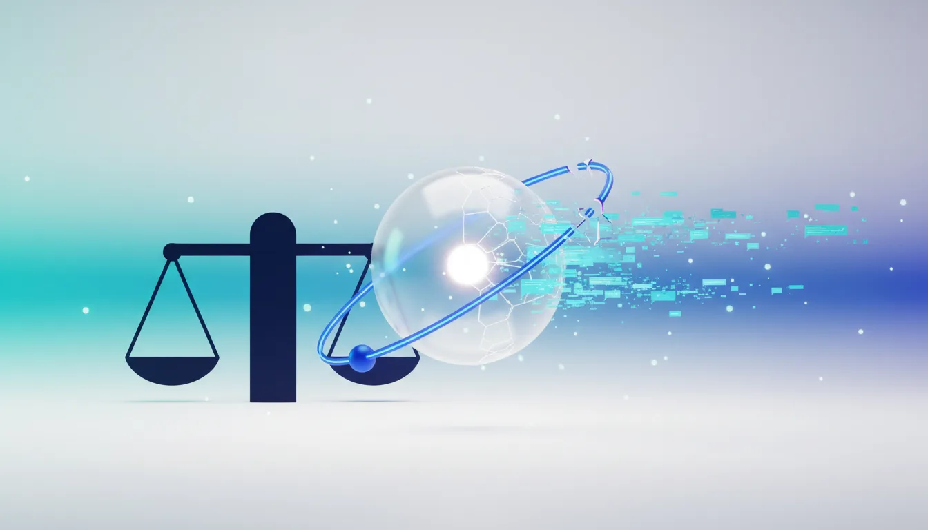 A dark blue silhouette of a justice scale balances with a glowing atom model representing AI and data destruction.