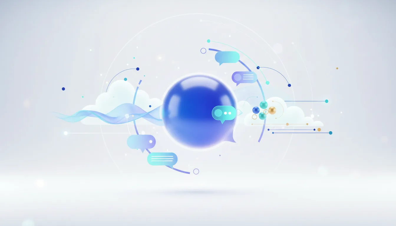 Abstract visualization of a central blue sphere surrounded by abstract cloud shapes and chat bubbles, representing AI and communication.