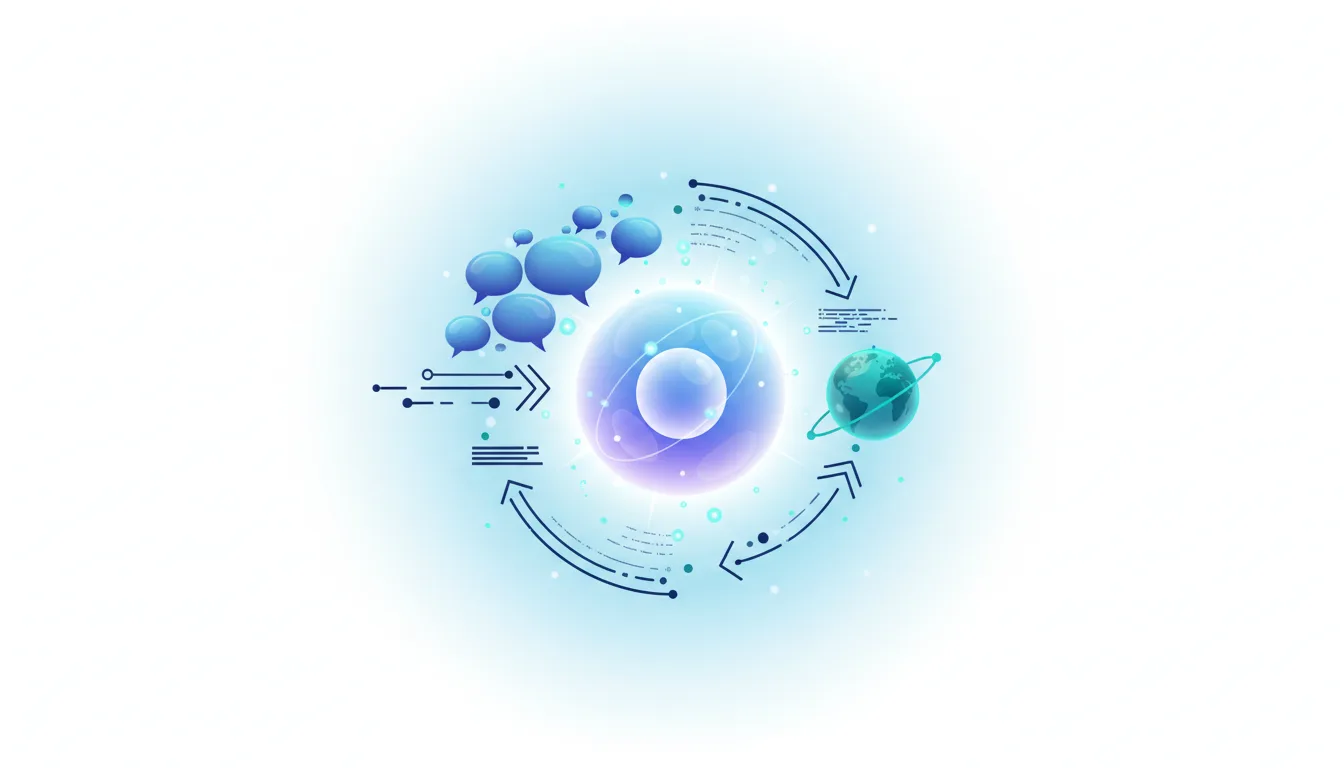 Abstract visualization of global communication and AI translation technology with chat bubbles and a rotating earth.