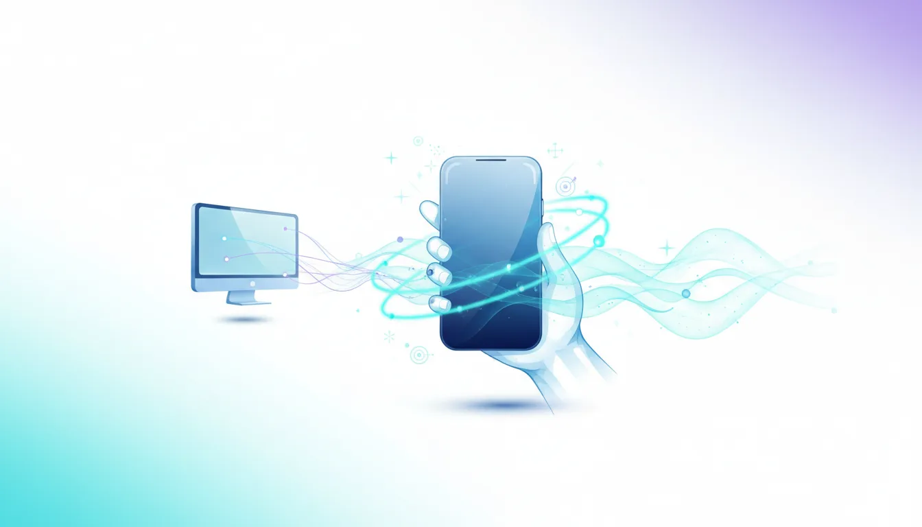 Transparent hand holding a smartphone with glowing rings around it, connected to a desktop computer by abstract waves, symbolizing AI data transfer.