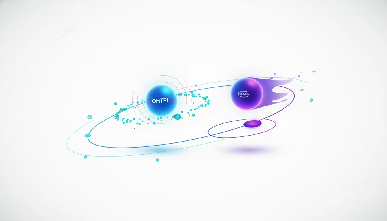 Abstract representation of AI competition with spheres labeled OHTRI and GEMINI in a dynamic orbital path.