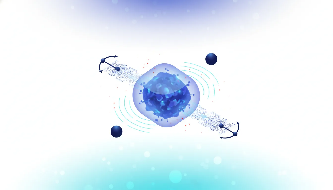 Abstract representation of a cell with digital circuit patterns and anchors, symbolizing AI development and competition.