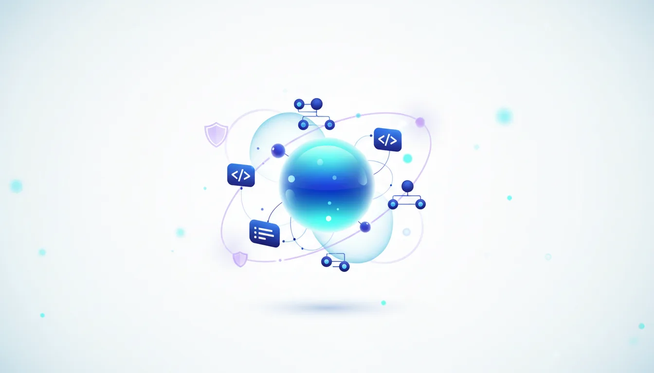 Abstract visualization of a central blue sphere connected by lines to nodes representing code snippets, lists, and security shields, symbolizing AI code analysis.