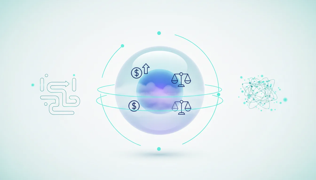 Abstract graphic showing a central sphere with icons of dollar signs, an upward arrow, and scales of justice, representing AI-driven compensation insights and fairness.
