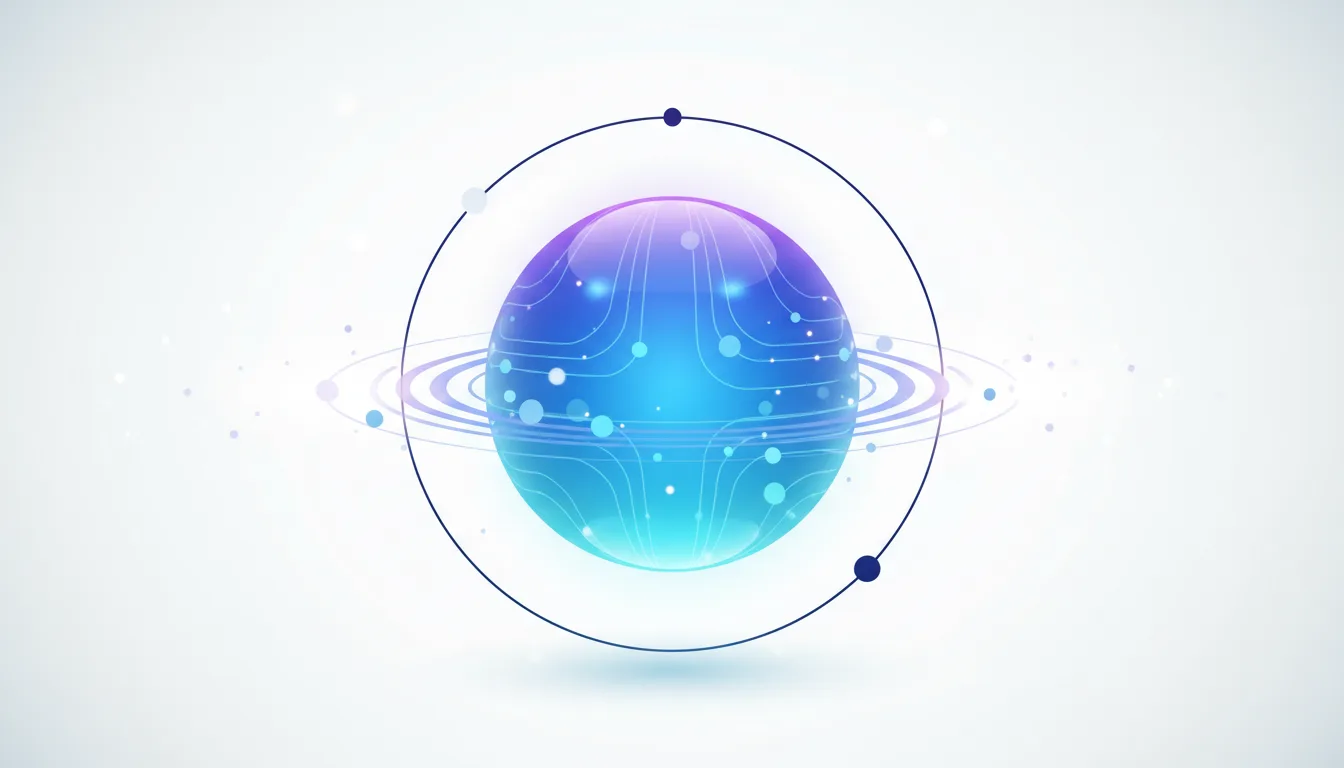 Abstract glowing sphere with orbiting rings and nodes, representing AI technology and data networks.