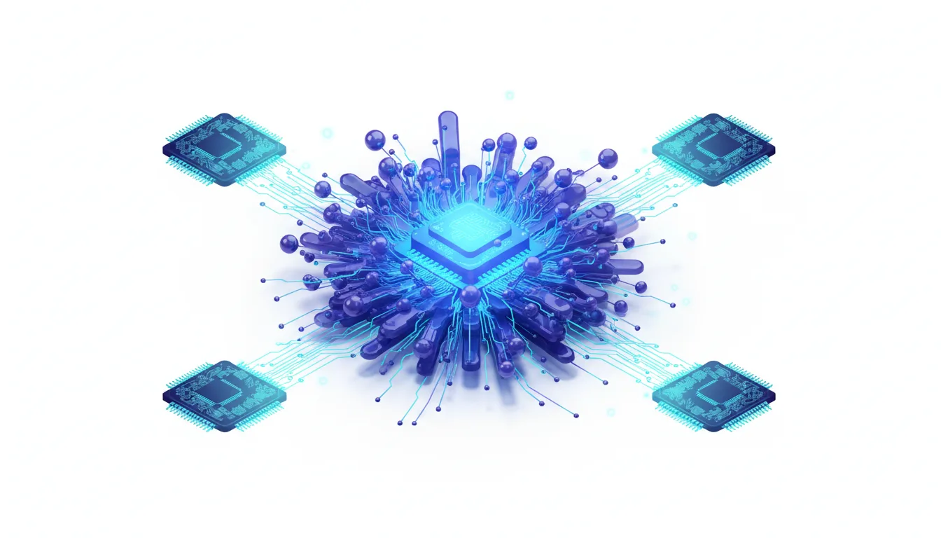 Central glowing blue processor chip surrounded by abstract purple energy tendrils, connected to four smaller blue processor chips via glowing circuits.