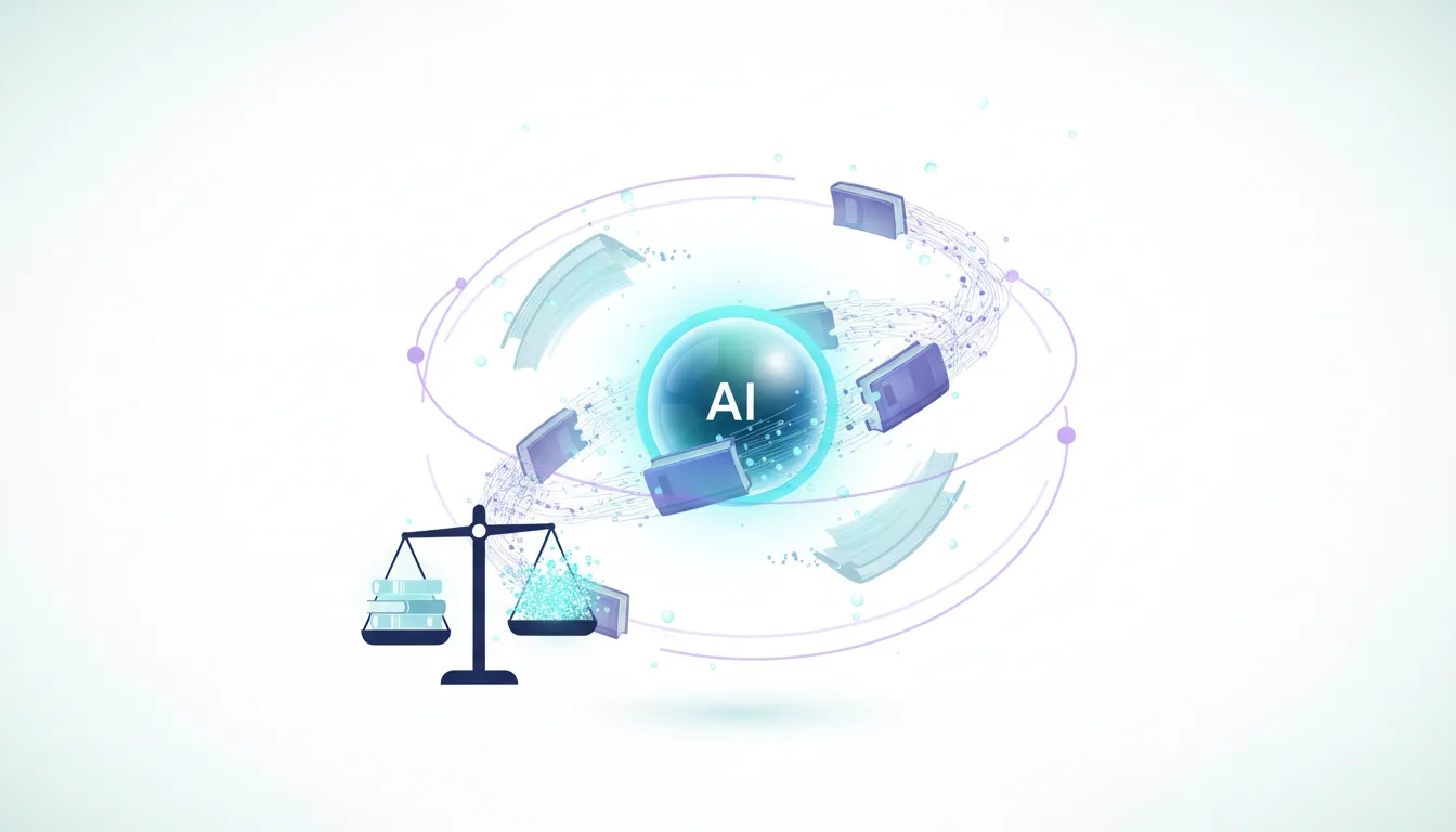 Scales of justice balance books against AI data, symbolizing the lawsuit against OpenAI for copyright infringement.