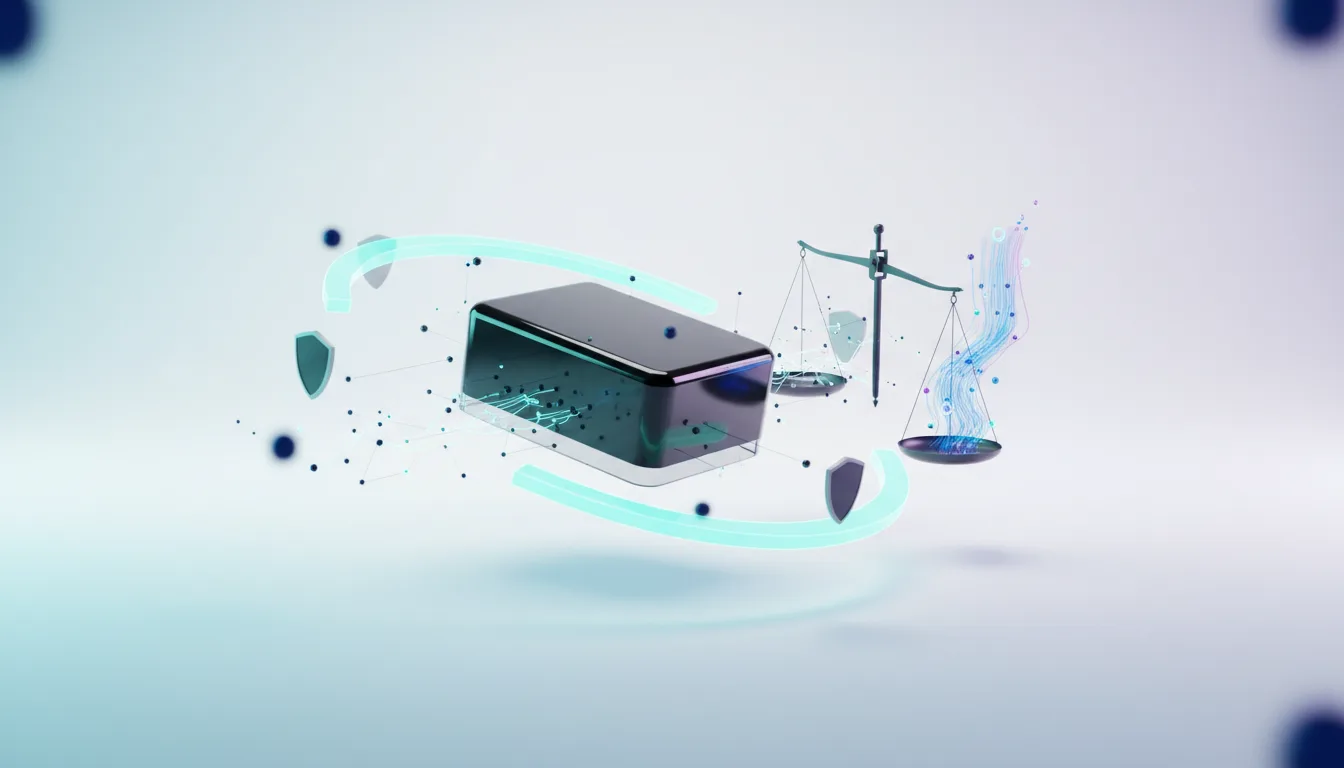 Abstract representation of AI technology and legal scales, symbolizing OpenAI's copyright battle and trade secret protection.
