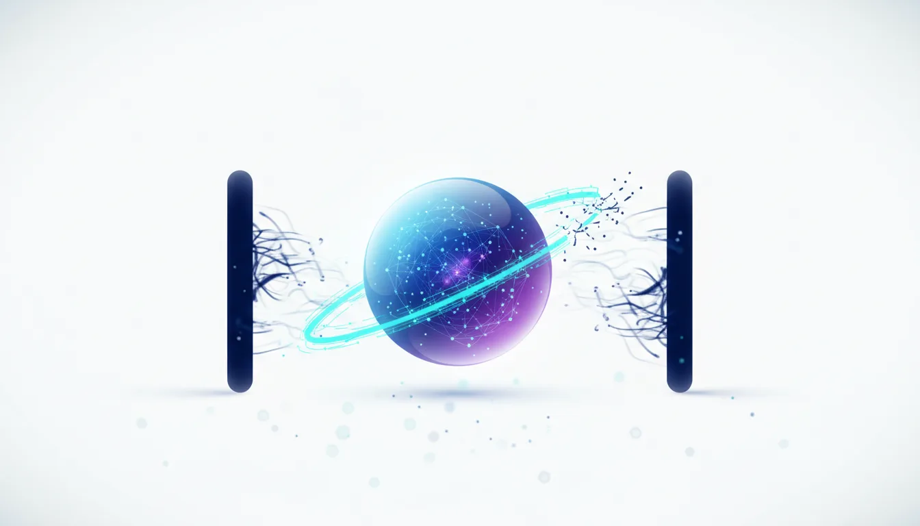 Abstract digital sphere with glowing connections and a light ring, flanked by dark vertical elements with tendrils, symbolizing AI technology and its potential impact.