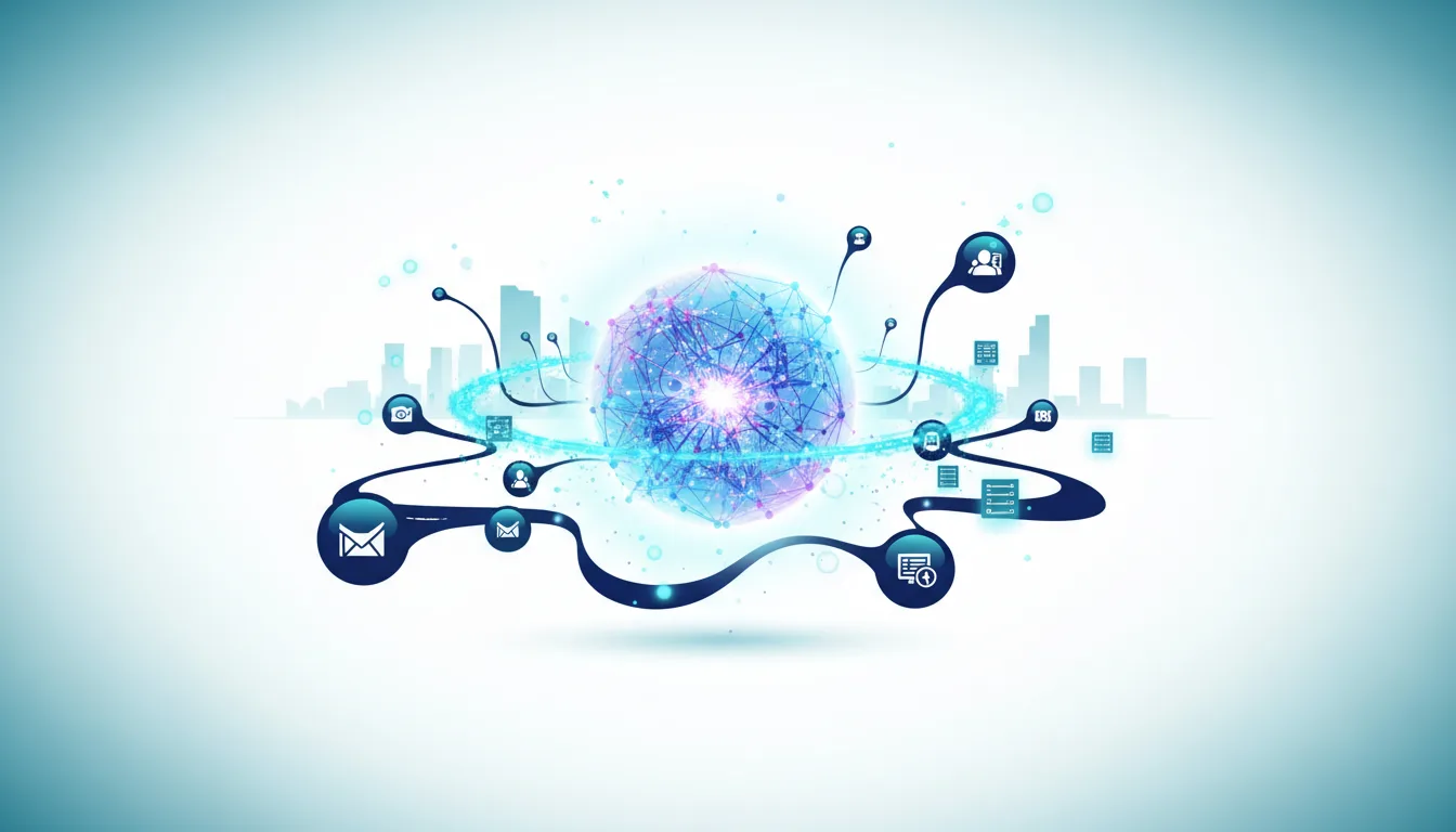 Abstract digital globe with network connections and icons representing data, communication, and business growth against a city skyline.