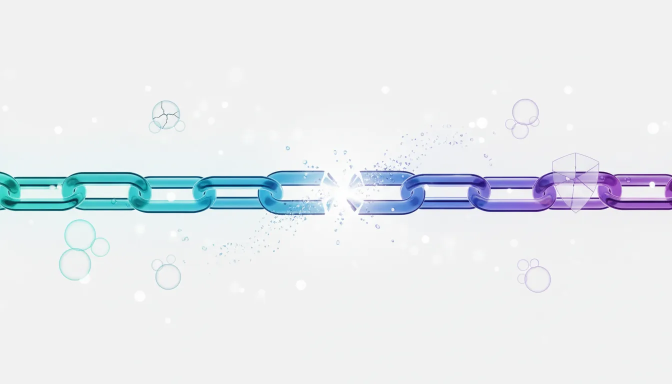 A broken chain with glowing links, symbolizing a supply-chain security breach in AI platforms.