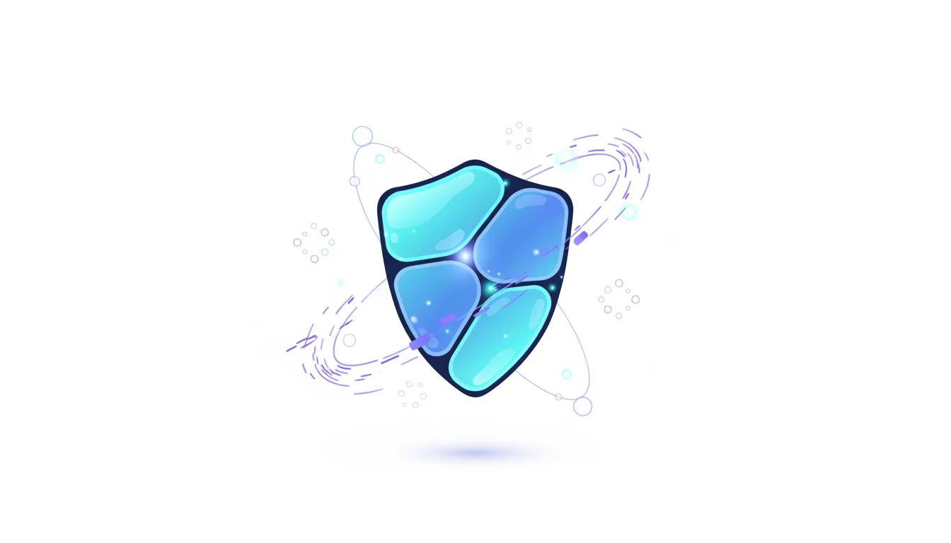 Abstract digital shield with glowing blue segments and orbiting purple lines representing AI cybersecurity protection.