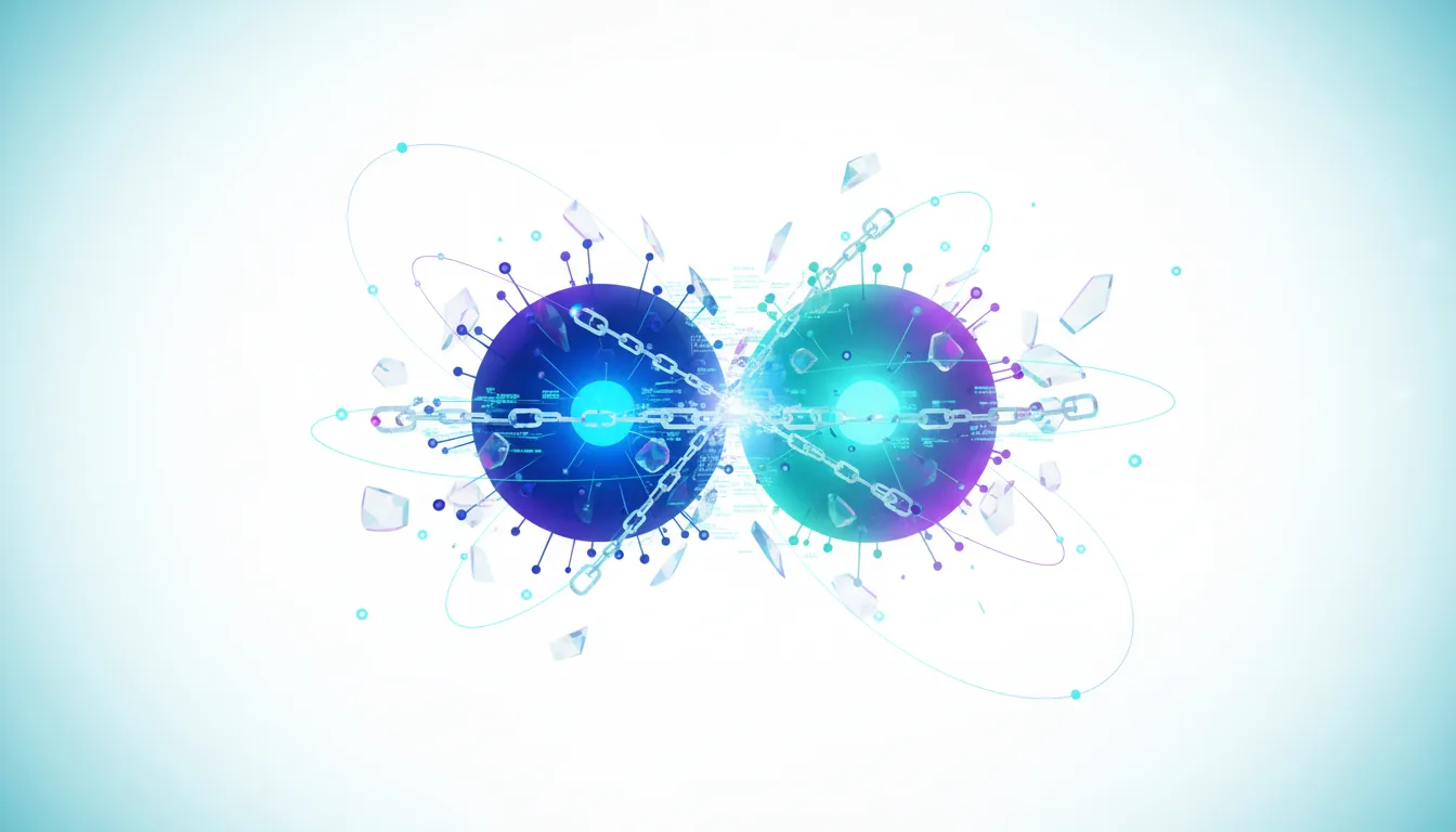 Abstract representation of two interconnected AI models, linked by chains and surrounded by digital fragments, symbolizing AI development and ethical disputes.