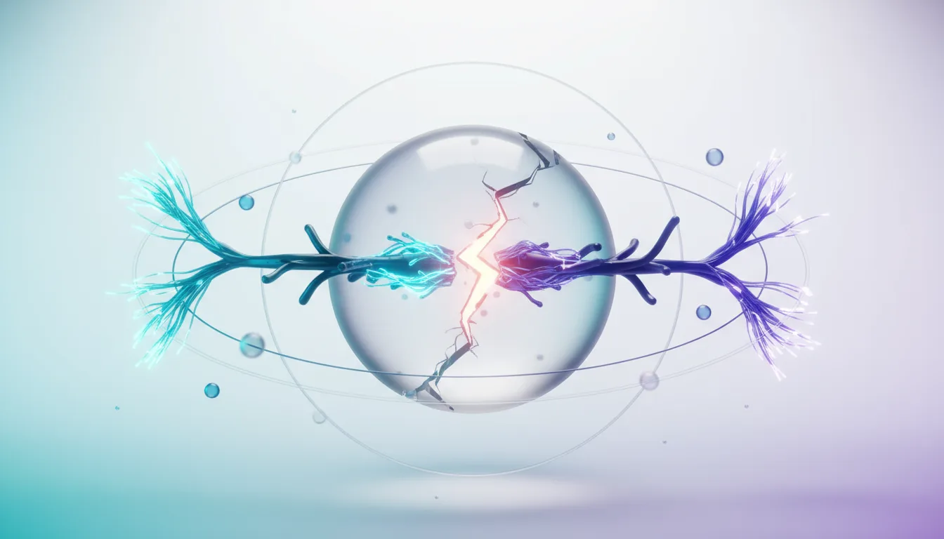 Abstract representation of a cracked sphere with glowing neural-like structures clashing within, symbolizing conflict and division in AI governance.