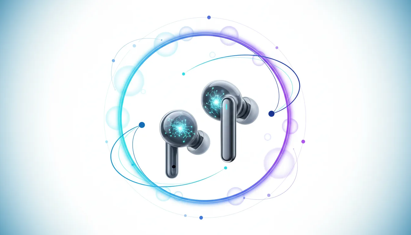 Pair of sleek, dark grey AI-powered earbuds with glowing blue circuit patterns inside, set against a white background with abstract blue and purple orbital lines and bubbles.