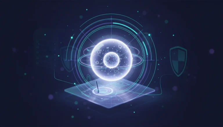 Futuristic AI interface with glowing orb and security shields, symbolizing advanced technology and data protection concerns.