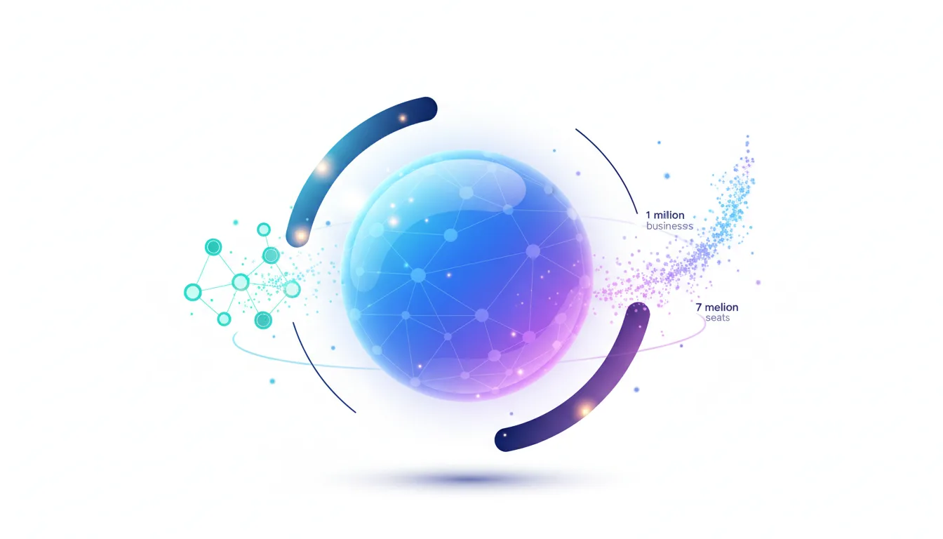 Abstract graphic showing a glowing sphere connected to a network, with text indicating 1 million businesses and 7 million seats.