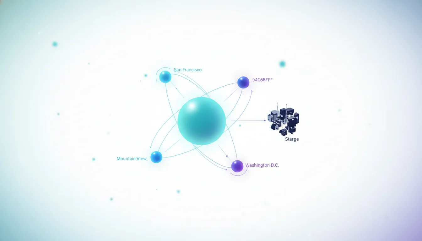 Abstract diagram showing OpenAI's expansion to San Francisco, Mountain View, and Washington D.C. with a central node.