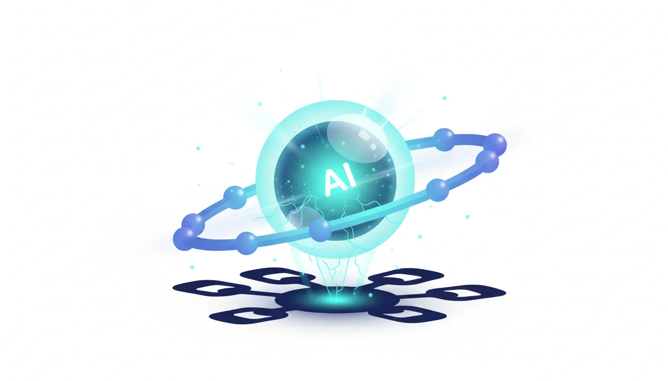 Abstract glowing orb with AI text at its center, surrounded by a blue ring and emitting light, symbolizing artificial intelligence technology.