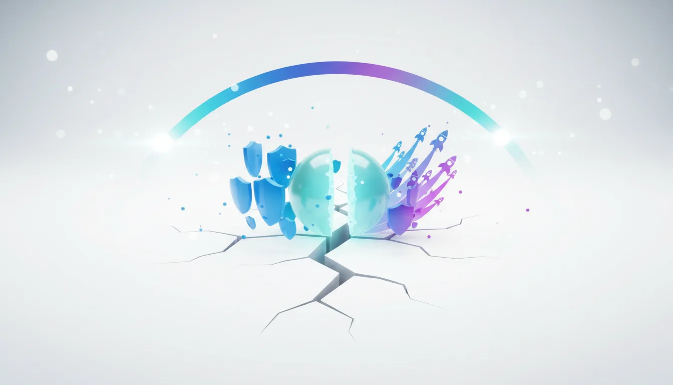 Abstract representation of AI safety shields and commercial rockets emerging from a cracked sphere under a glowing arc.