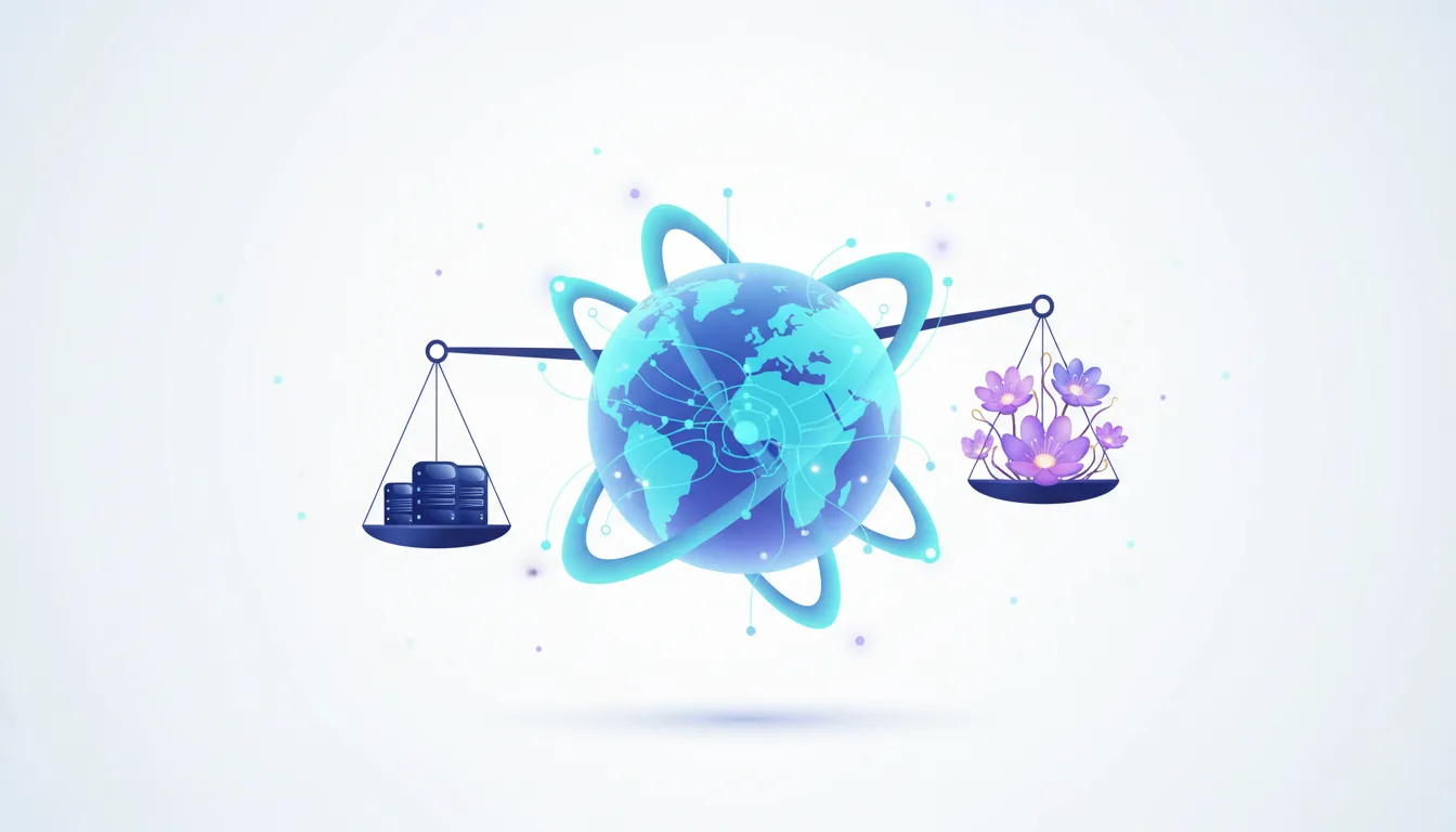A scale balances servers on one side against flowers on the other, with a digital globe at the center, symbolizing AI integration and its impact.