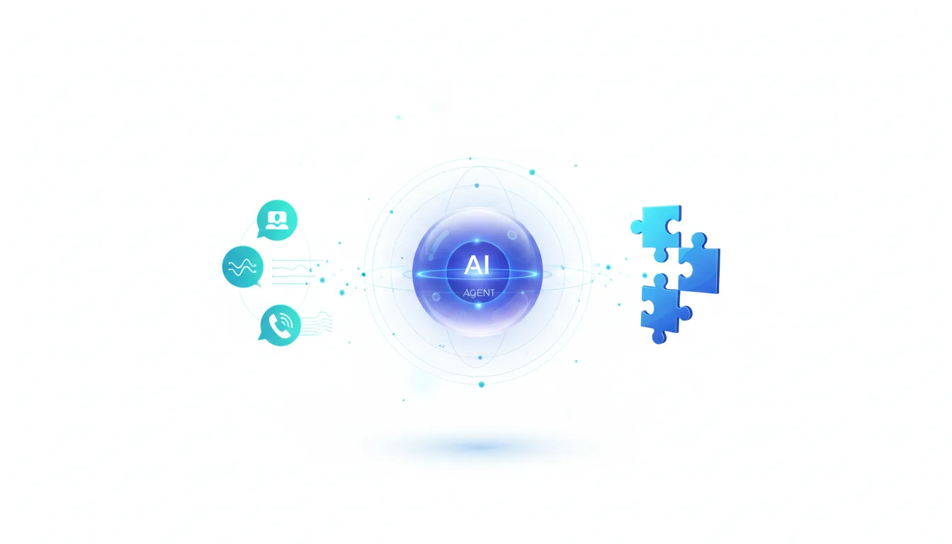 Abstract visualization of an AI agent core with communication icons and puzzle pieces, representing integration and enterprise solutions.