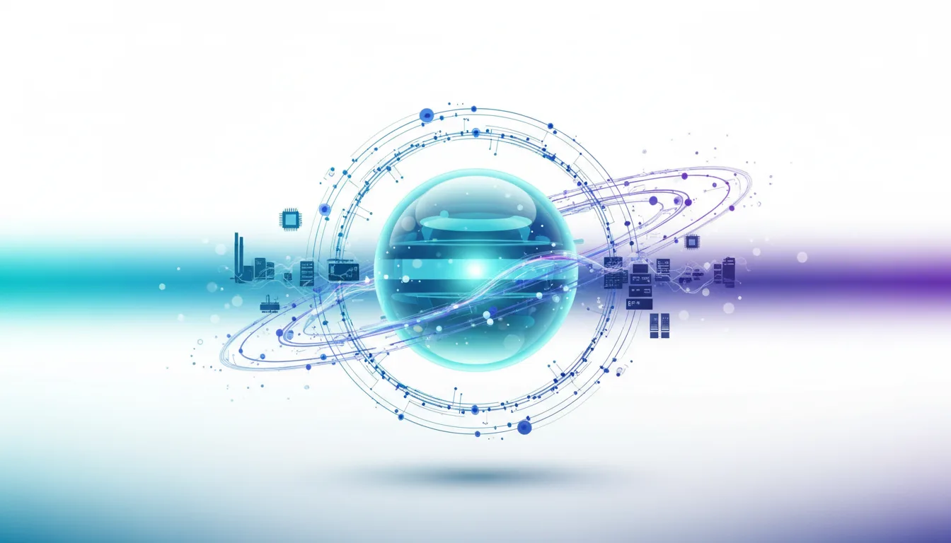 Abstract visualization of a glowing blue sphere surrounded by orbiting rings and data points, representing AI infrastructure and global connectivity.