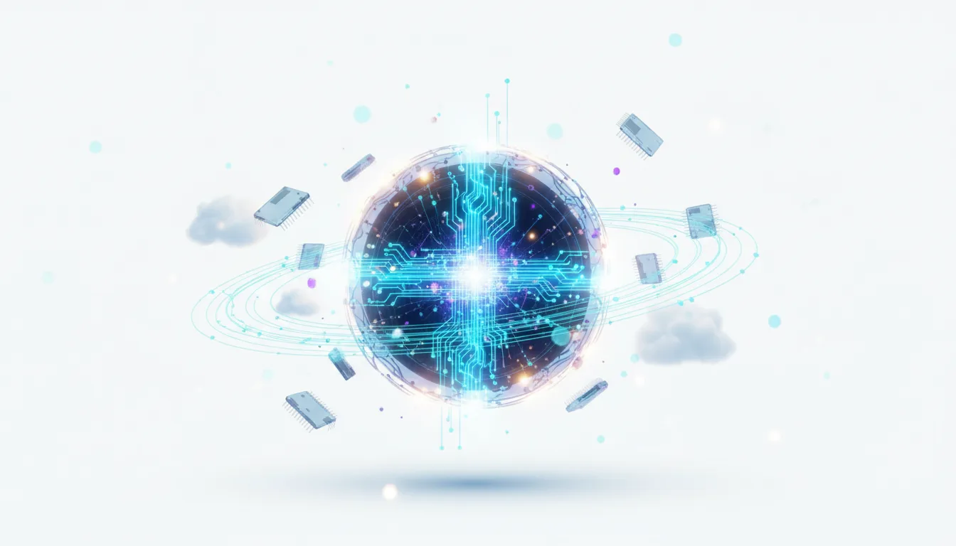 Abstract glowing sphere with intricate circuitry and orbiting elements representing AI infrastructure and data flow.