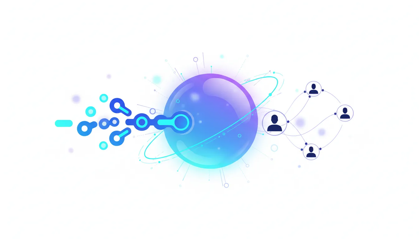 Abstract illustration of data nodes connecting to a glowing sphere, representing AI processing and network connections.