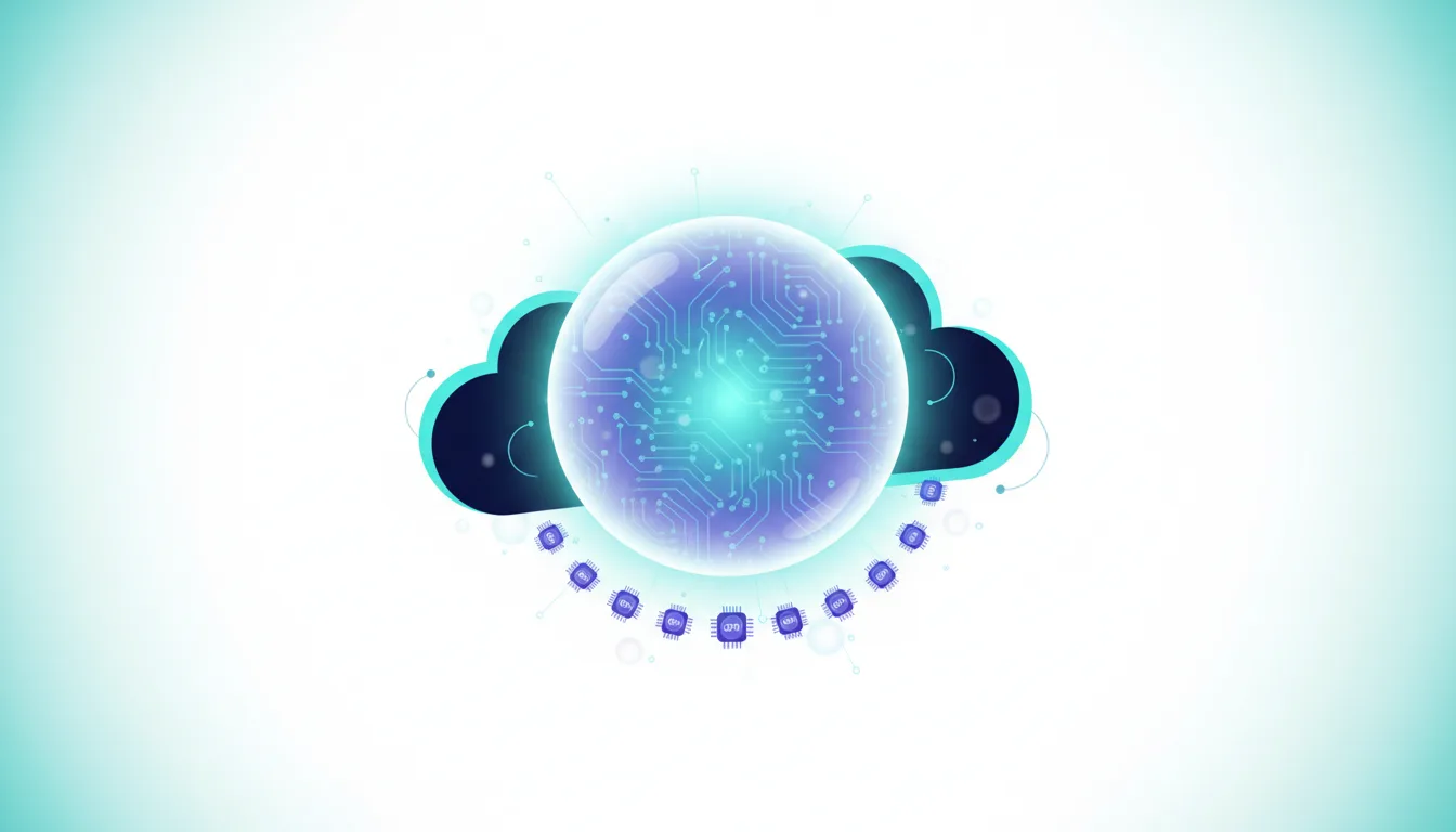 Abstract sphere with circuit board patterns connected to cloud symbols, representing AI infrastructure and data processing.