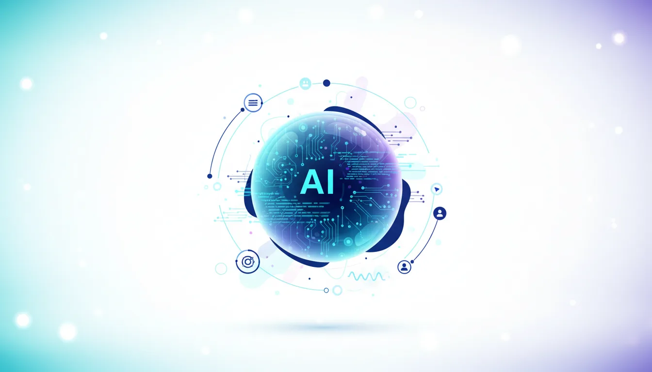 Abstract visualization of AI technology with circuits and data streams within a glowing sphere, representing AI development and innovation.