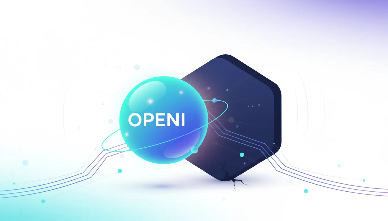 Abstract graphic representing OpenAI with a glowing sphere labeled OPENI and a dark hexagonal structure with digital circuitry.