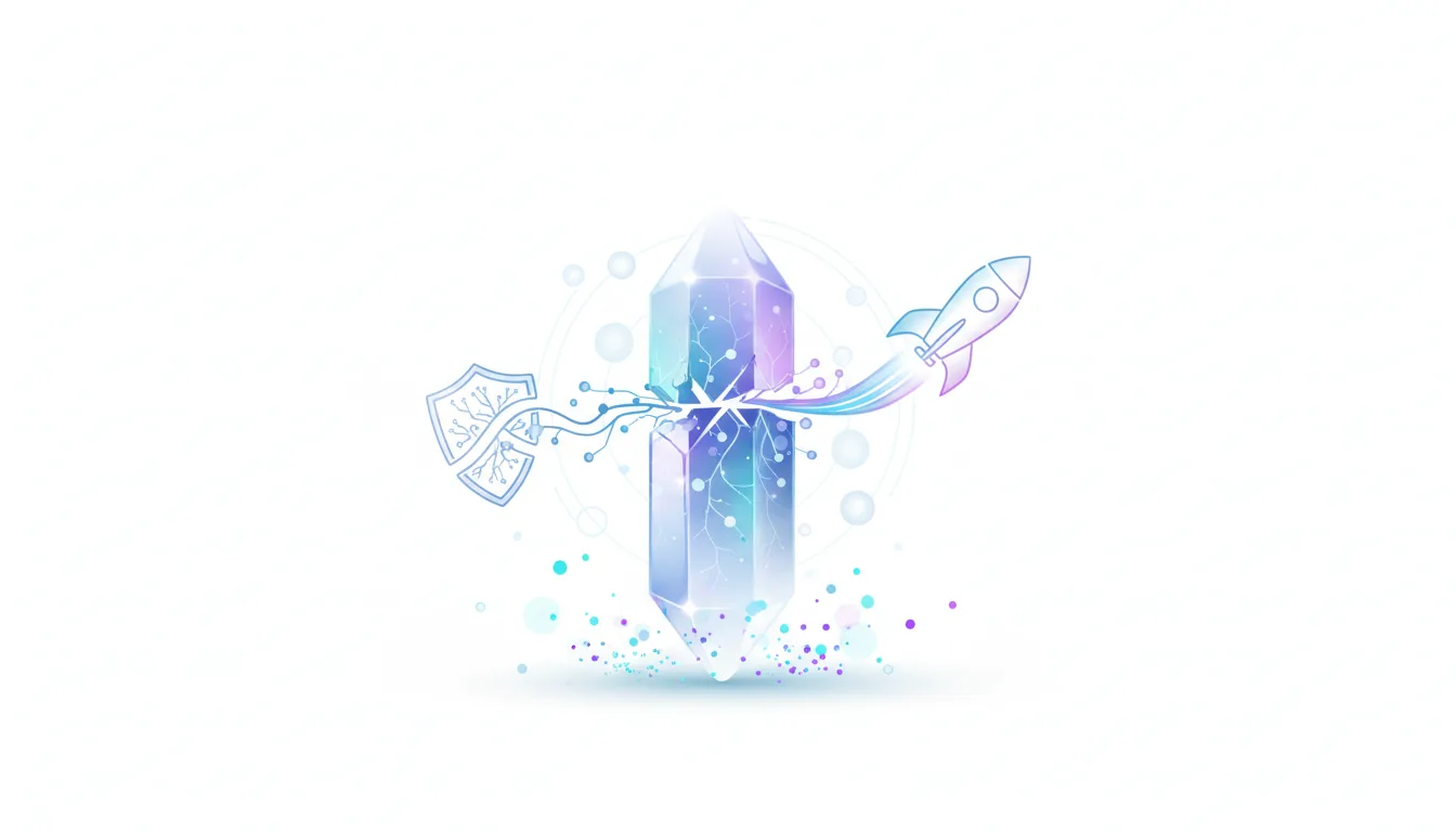 Abstract illustration of a glowing crystal being connected by digital circuits to a shield on the left and a rocket launching on the right, symbolizing AI development and governance.