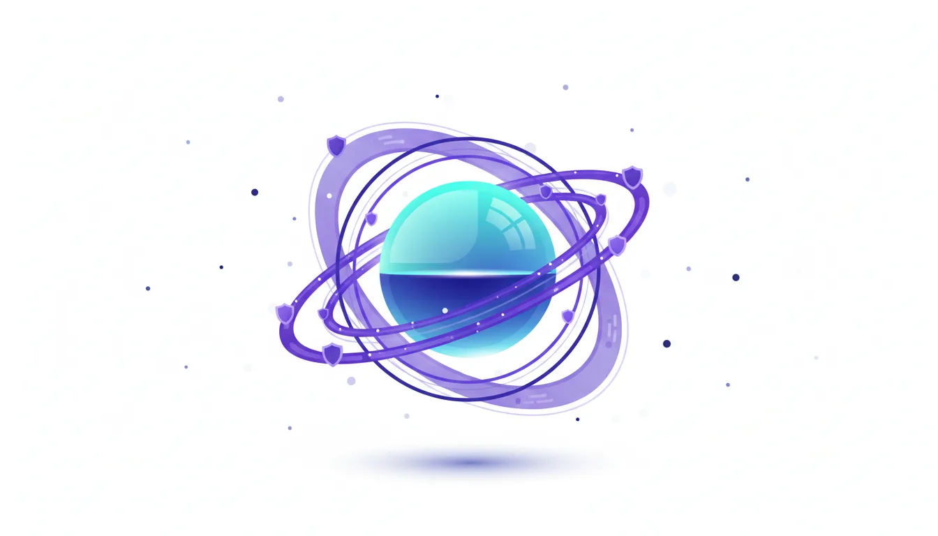 Abstract representation of a secure AI core with orbiting shields, symbolizing cybersecurity and advanced protection.