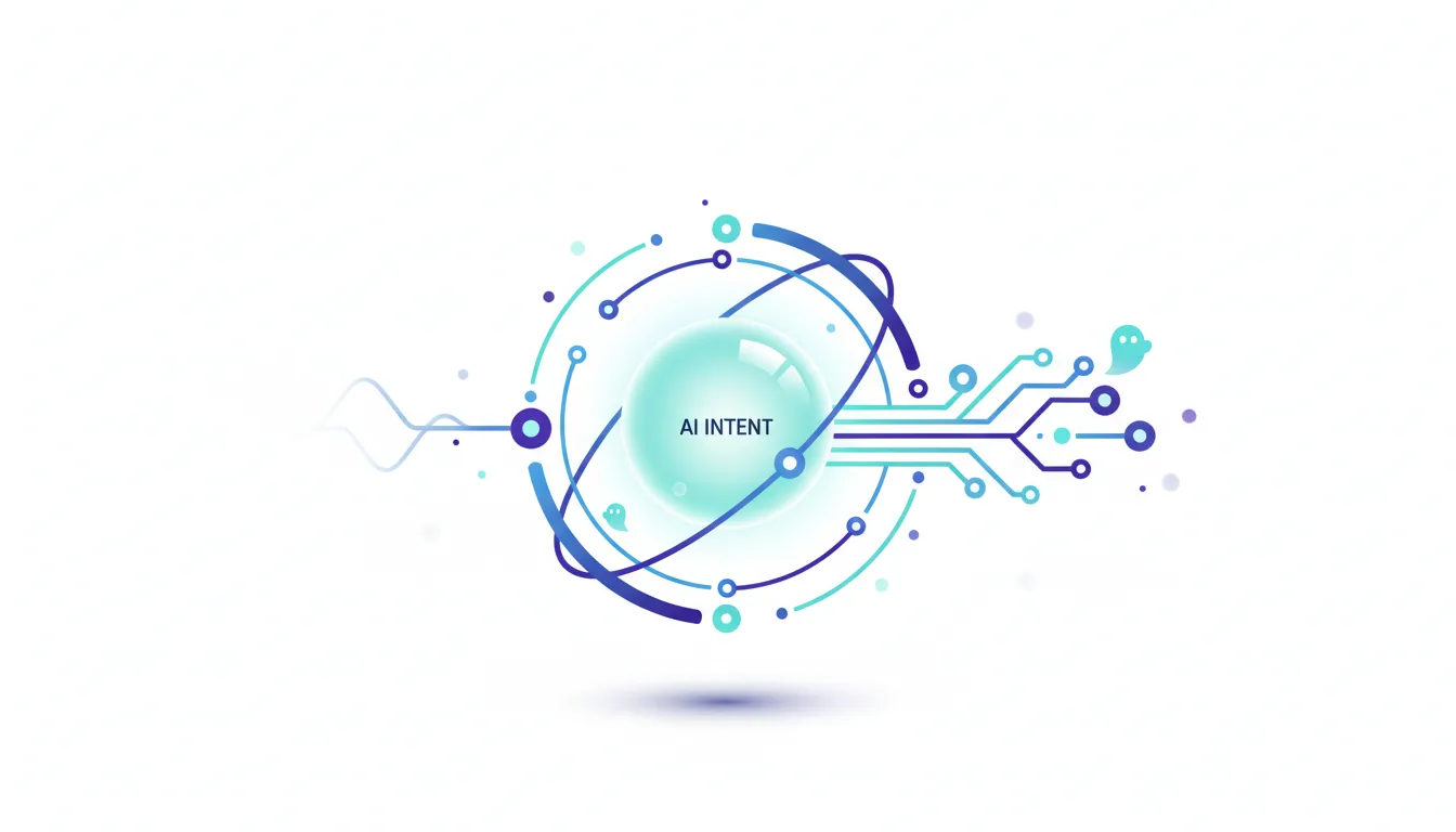 Abstract visualization of AI intent with a central glowing sphere connected to circuit-like lines and orbiting elements.