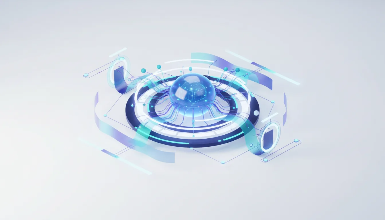 Abstract futuristic AI core with glowing blue sphere and interconnected circuits, representing advanced AI technology.