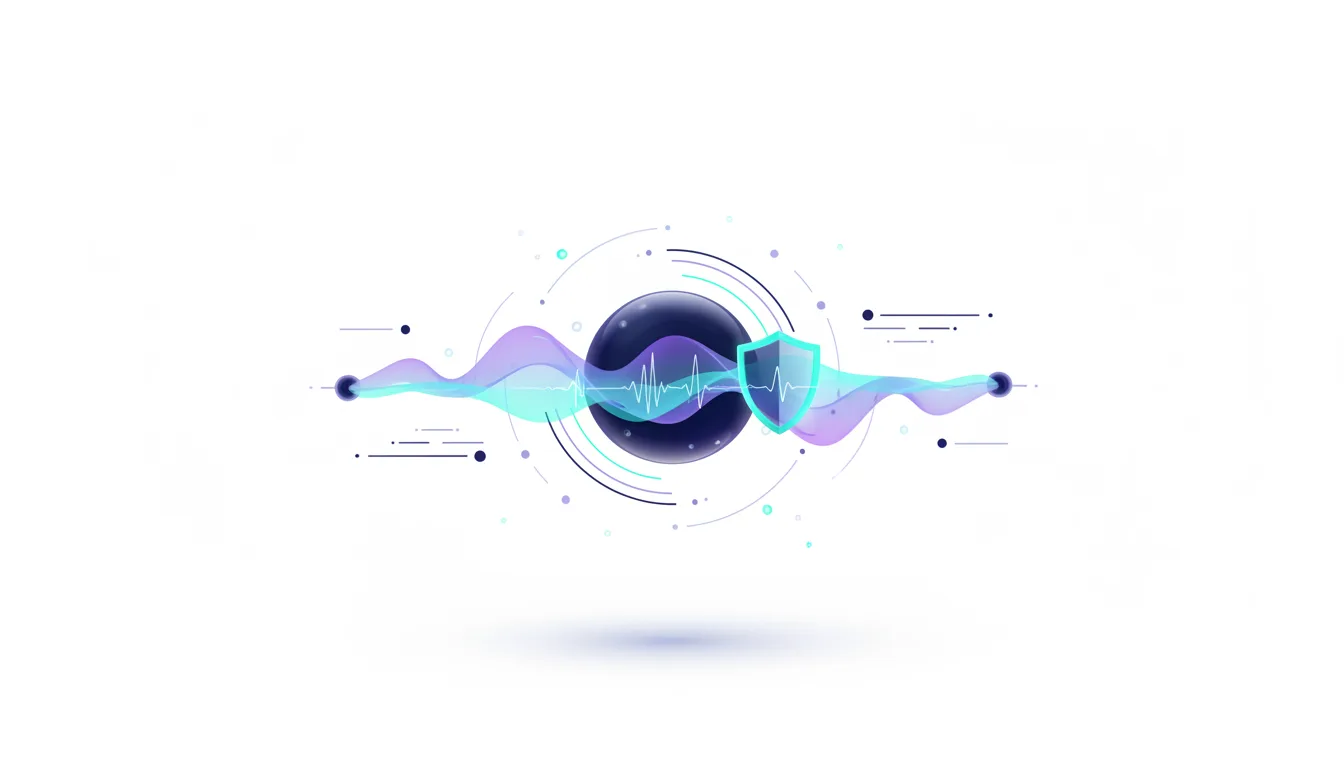 Abstract visualization of a secure audio waveform passing through a central sphere, representing real-time voice AI security.
