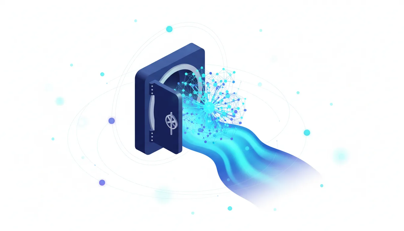 Open safe releasing a glowing blue network of data points and flowing energy, symbolizing open-weight AI models.