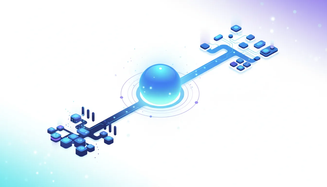 Abstract illustration of a central glowing sphere routing data through interconnected nodes, representing OpenAI's new GPT-5 router architecture for AI safety.