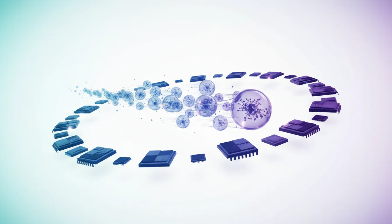 Abstract visualization of AI model development with microchips and glowing spheres in a circular flow, representing rapid AI sprints and hardware integration.