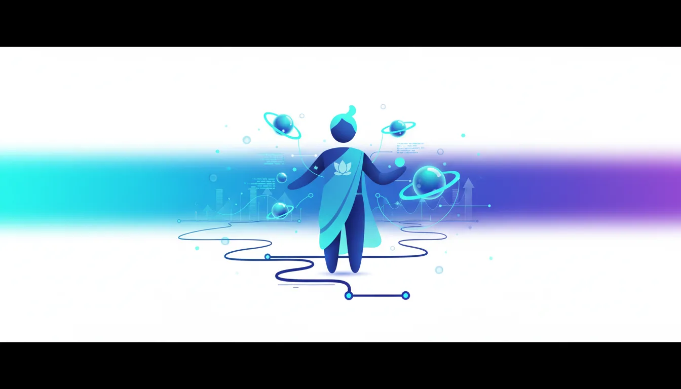 Stylized figure in a sari juggles planets, representing AI's augmentation of Indian workforce productivity and economic growth.