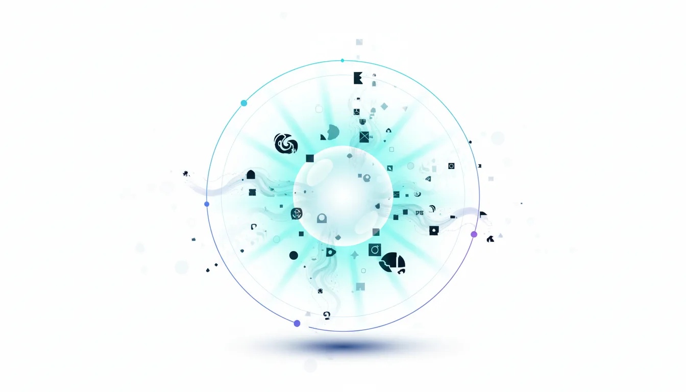 Abstract visualization of a central glowing sphere surrounded by a circular network of geometric shapes and icons, representing unified AI capabilities.