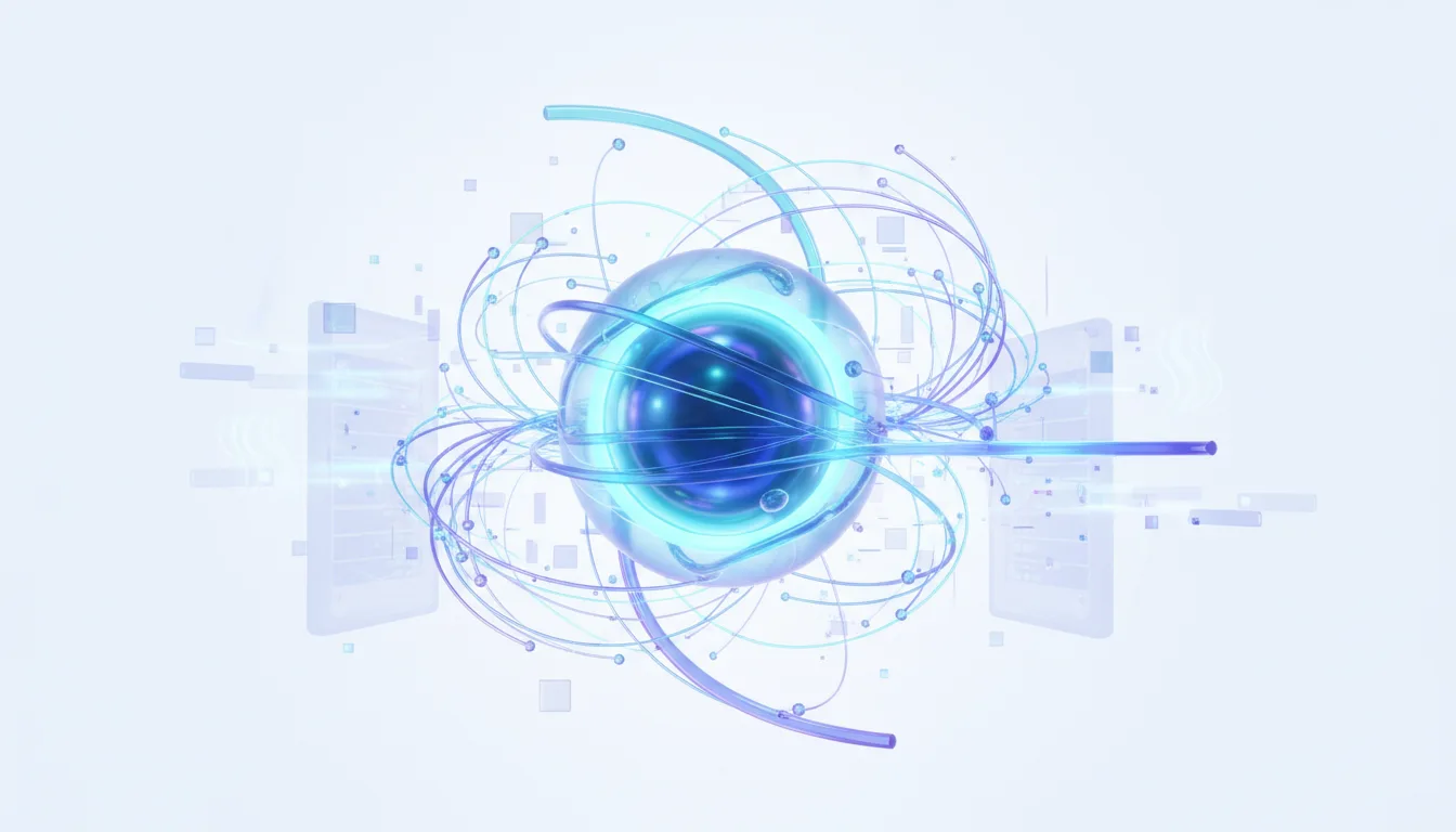 Abstract glowing blue sphere with orbiting lines and nodes, representing AI computation and data flow for solving complex problems.