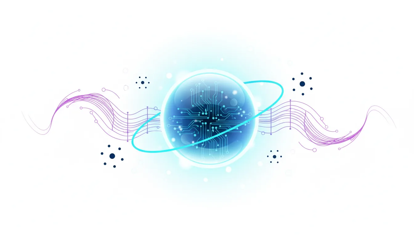 Abstract representation of a glowing blue sphere containing a circuit board, symbolizing AI and technology infrastructure.