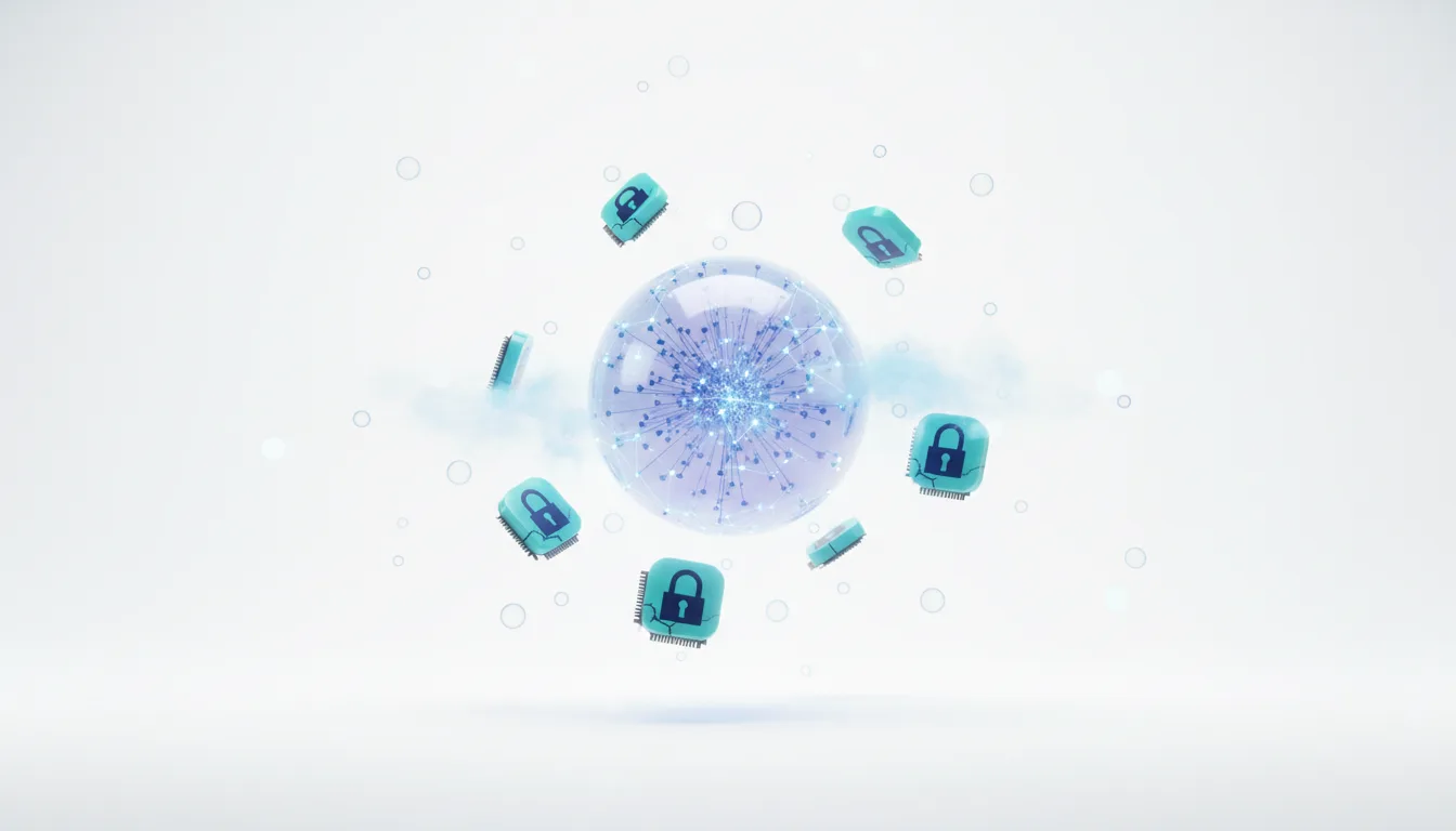 Abstract visualization of a glowing sphere surrounded by floating lock icons, representing AI security and governance challenges.