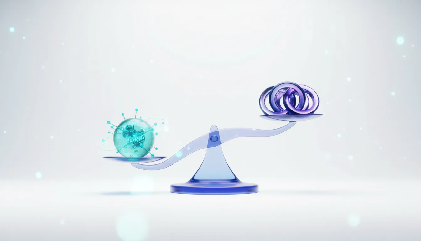 A blue balance scale weighs a glowing globe representing AI against interlocking rings symbolizing corporate governance.